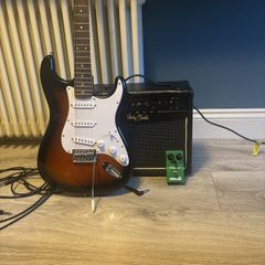 fender squire stratocaster with Harley Benton amp and maxon overdrive pedal