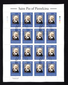 2002 Ireland Canonisation of Padre Pio Commemorative Stamp Sheetlet Plate 1A1A1A1A Fine Used with Dublin CDS cancel of 14th May 2002 (First day of issue) on envelope extract