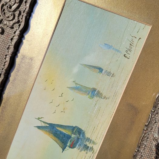 Antique pair of ornate handcarved frames with signed yacht scene watercolours
