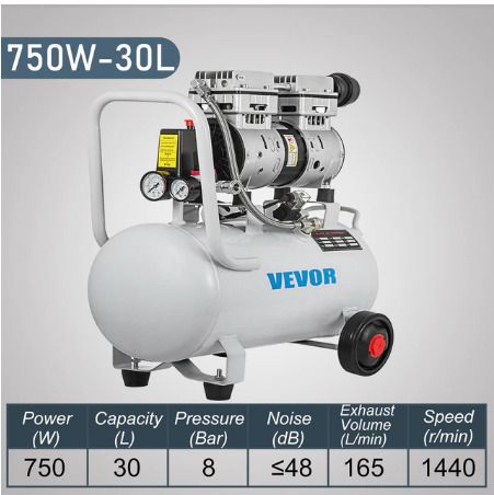 30L 750W Silent Air Compressor Portable Oil-free Air Compressor Pump Safe Solenoid Valve Workshop Repair Tire Inflation