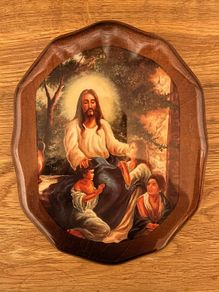 Vintage Lacquered Religious Picture on Wood