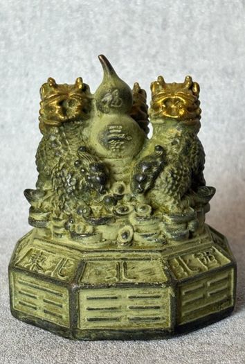 Vintage Feng Shui Triple Qilin Sculpture - Patinated Bronze, Signed