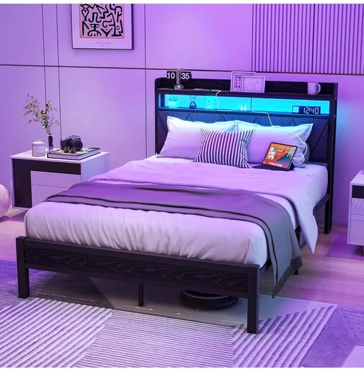 4ft6 Double Size Bed Frame with LED Lights Storage Upholstered Headboard and Charging Station, Solid Metal Platform Bed Double Size, No Box Spring Needed, Noise Free