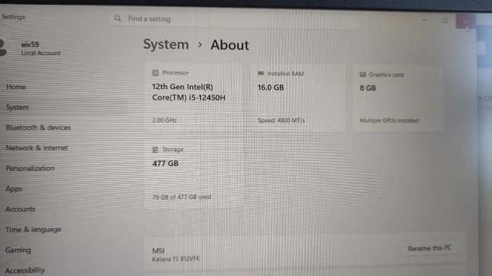 MSI Katana 15 B12VFK Gaming Laptop - RTX 4060 / Intel i5-12450H / 16GB DDR5