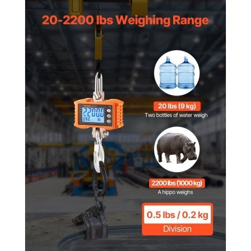 Digital Crane Scale, 2200 lbs/1000 kg, Industrial Heavy Duty Hanging Scale with Remote Control, Cast Aluminum Case & LCD Screen, High Precision for Construction, Factory, Farm, Hunting (Orange