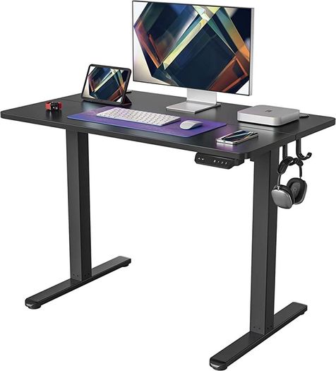Height Adjustable Electric Standing Desk, 100x60cm Stand up Table, Sit Stand Home Office Desk with Splice Board, Black Frame/Black Top (FREE POSTAGE)