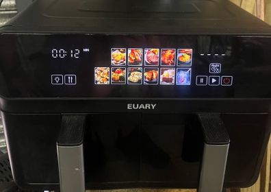 EUARY dual basket  Air Fryer 9L Oil Free 2 Compartments XXL 2800 W Large Capacity, 2 Air Fryer Bins, 12 Cooking Programs, Touch Screen, Appointment Function
