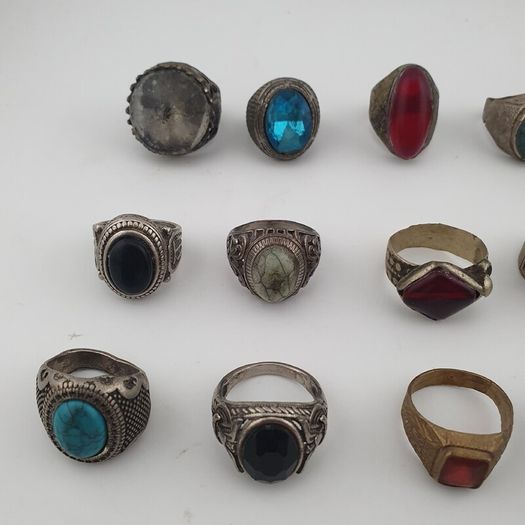 Antique Style Ring Collection 15 Mixed Brass, Glass & Stone Rings