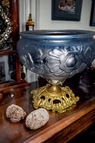 Beautiful Art Noveau blue glass and brass lamp