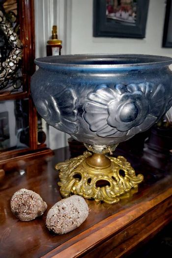 Beautiful Art Noveau blue glass and brass lamp
