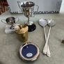 5 diffierent items- Service spon and fork silver plated 20.00 euro. Vintage,  silver plated, collection frame,, excellent condition. 12.00 euro. Brass Gold Tone Metal Round Made in India-7.5cm-Vintage Trinket/Jewellery Box keepsake box, jewelry box, trink Image 2