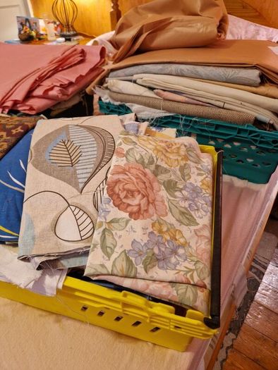Large quantity of material for dressmaking, curtains, upholstery