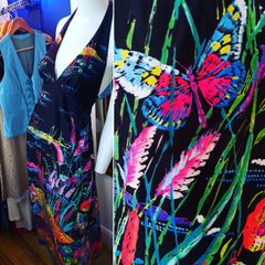 70s Vintage Neon Butterfly Halterneck Dress