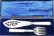 Vintage Boxed set of Faux Bone Handled Fish Servers with Hallmarked Silver Collars - 2 Pieces