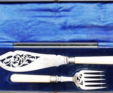 Vintage Boxed set of Faux Bone Handled Fish Servers with Hallmarked Silver Collars - 2 Pieces