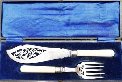 Vintage Boxed set of Faux Bone Handled Fish Servers with Hallmarked Silver Collars - 2 Pieces