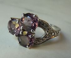 925 Sterling Silver Purple Spinel and Diamond Trilogy Cluster Ring Size N 1/2