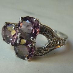 925 Sterling Silver Purple Spinel and Diamond Trilogy Cluster Ring Size N 1/2