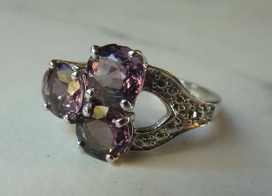 925 Sterling Silver Purple Spinel and Diamond Trilogy Cluster Ring Size N 1/2