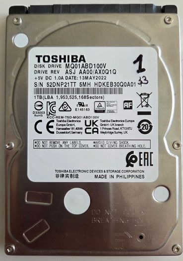 1TB Toshiba Laptop HDD - Excellent Condition