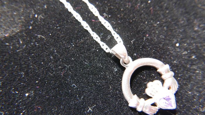 Vintage Amethyst Claddagh Irish Symbol, 925 Sterling Silver Heart Crown and Hands; 925 Irish Symbol Pendant Necklace with Amethyst 18"