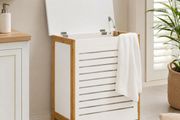 Laundry Chest with Lid Natural Bamboo &amp; White Storage Basket