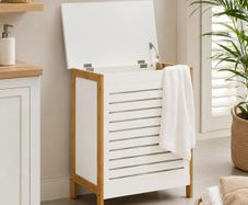 Laundry Chest with Lid Natural Bamboo & White Storage Basket