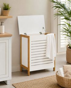 Laundry Chest with Lid Natural Bamboo & White Storage Basket
