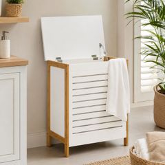 Laundry Chest with Lid Natural Bamboo & White Storage Basket
