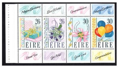 1990 Ireland Greetings Commemorative Stamps Booklet Pane Mint Never Hinged (MNH). Hibernian HP35