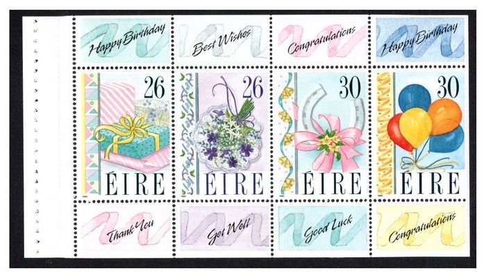 1990 Ireland Greetings Commemorative Stamps Booklet Mint Never Hinged (MNH). Scan of pane image shown