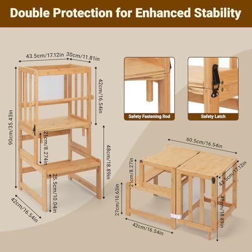 3-In-1 Toddler Kitchen Stool Helper  Convertible Standing Tower With Whiteboard for Kids Childrens Bathroom Kitchen Counter Helper Mothers' Helper Tower Learning Stool (Natural)