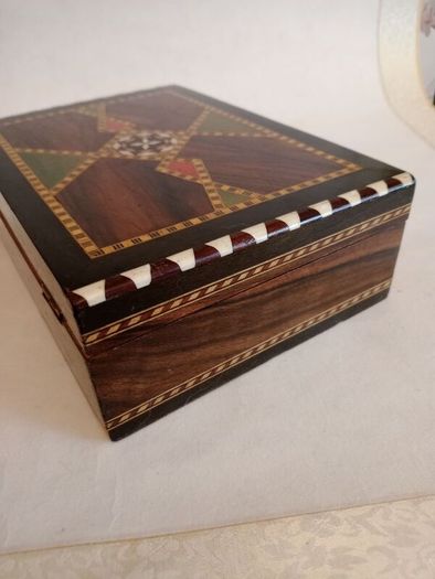 Vintage Spanish Lacquered Inlay Marquetry Mosaic Storage Box
