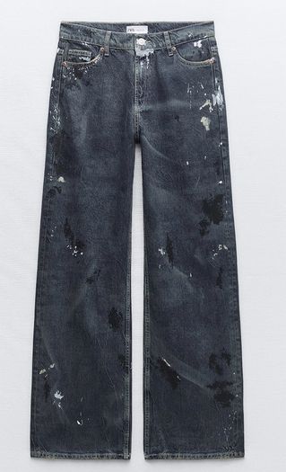 Fab Zara Blue Limited Edition Mid Rise Paint Splatter Washed Baggy Jeans  Size 42 UK 14