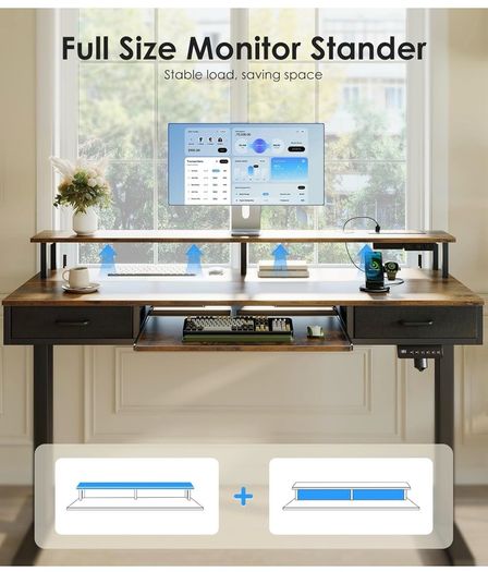 Standing Desk with Keyboard Tray & Storage Drawers, 120cm Height Adjustable Desk with Monitor Stand, LED Lights, Power Outlet and USB Ports for Home Office, Rustic Brown