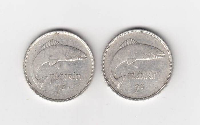 Ireland, 2 x 1939 Florin, 2/-, 75% Silver Coins, coins seem to be cleaned (No: 454)