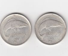 Ireland, 2 x 1939 Florin, 2/-, 75% Silver Coins, coins seem to be cleaned (No: 454)
