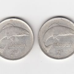 Ireland, 2 x 1939 Florin, 2/-, 75% Silver Coins, coins seem to be cleaned (No: 454)