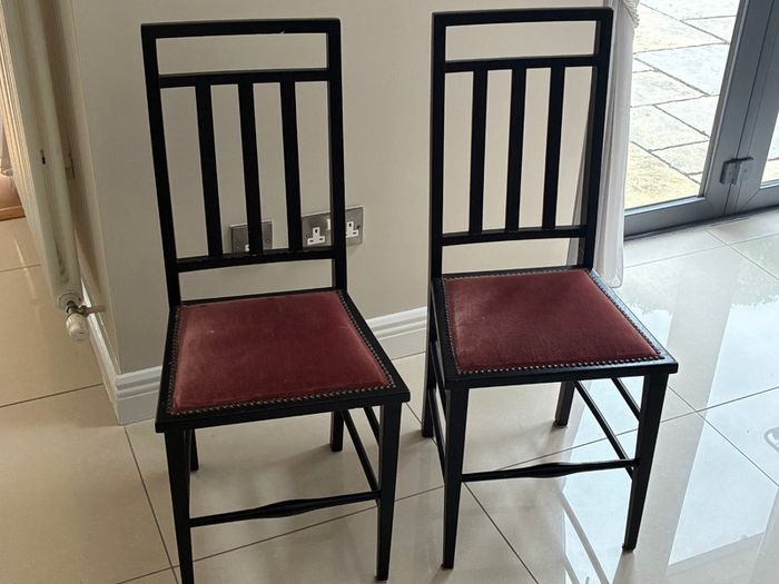 Pair of black wooden Edwardian casual chairs with velvet seats