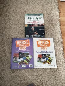 Leaving cert Higher level English poetry textbook and accompanying workbook and King Lear textbook
