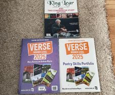 Leaving cert Higher level English poetry textbook and accompanying workbook and King Lear textbook