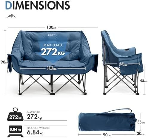 Portal Double Camping Chair Padded Folding Camping Sofa for Adults Large Quilted Love Seat Luxury Fodable Tub Chair Deluxe Moon Chair Collapsible Giant Festival Garden Lawn Picnic Load 272KG