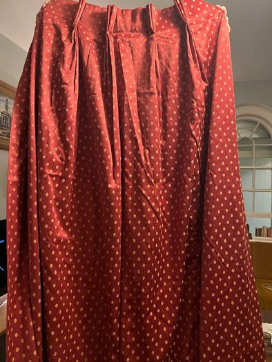 Stunning set of bespoke floor length maroon brocade curtains with gold "butti" motif
