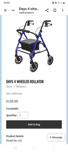 Blue four-wheel rollator with seat and storage bag : BARGAIN