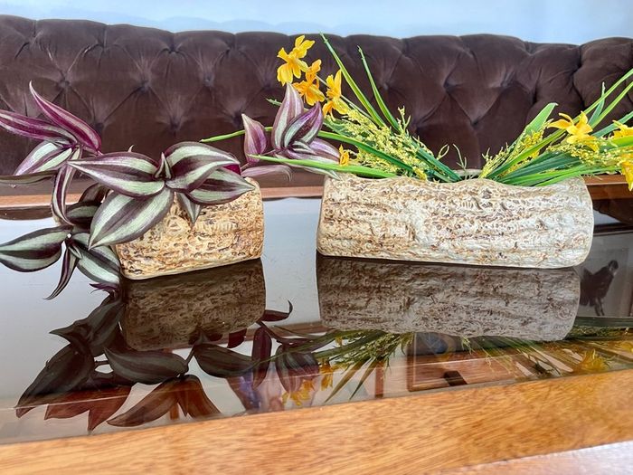 Vintage Set MCM Plant Pots x 2 Bark Pattern Stoneware Succulent Bonsai Planter 1950s