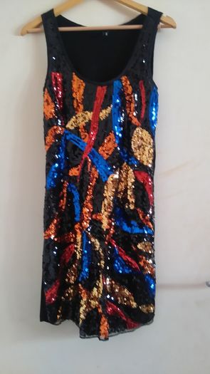 Woman 70,s style dress multicolored sequence