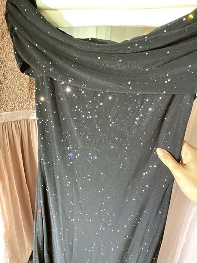 Off-Shoulder Crystal-Embellished Starry Mesh Long Evening Gown