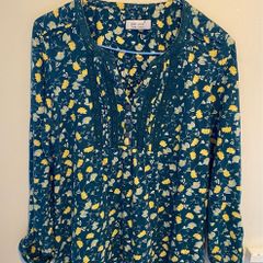 Per Una Pure Cotton Floral Blouse Teal Green/Yellow Top Size 16