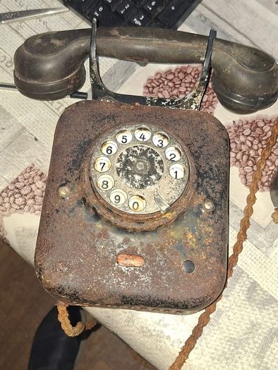 2 Black Metal Rotary Dial Telephone, Military Grade Version of their standard tabletop 1930s rotary sets
