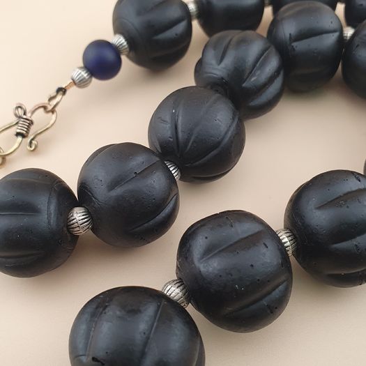 Antique African Style Dark Black Melon Shape Glass Beads Necklace